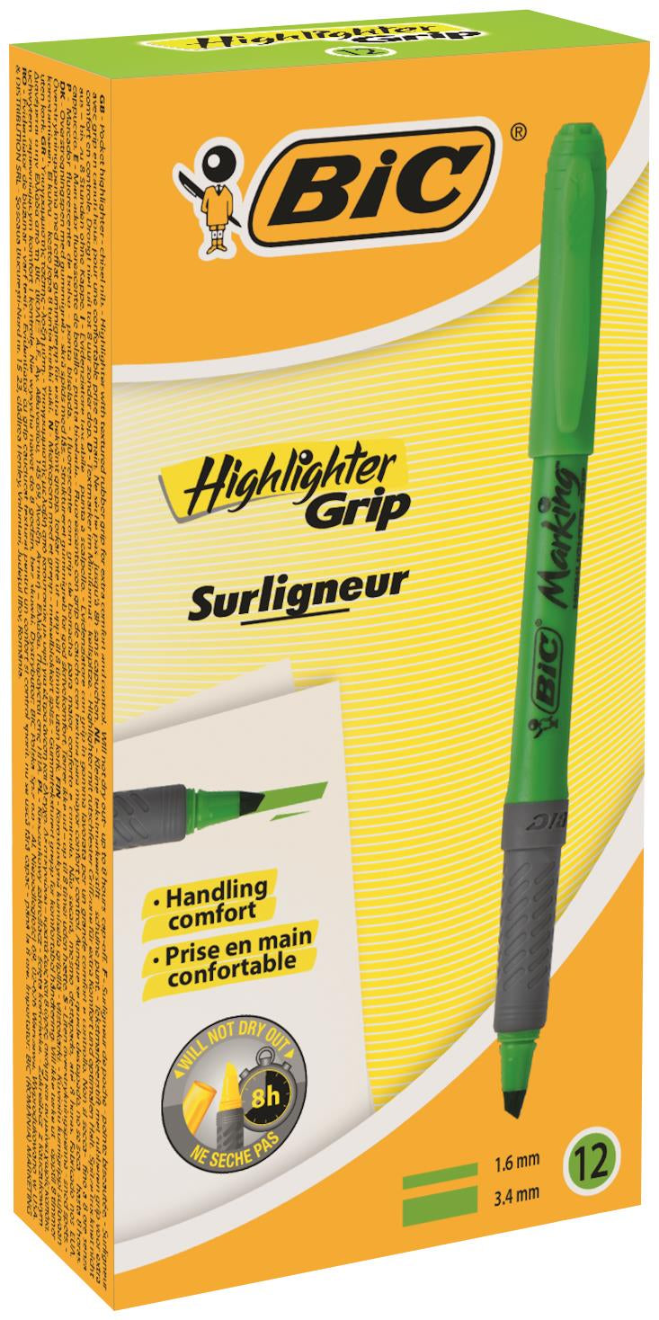 Bic Grip Highlighter Pen Chisel Tip 1.6-3.3mm Line Green (Pack 12) - 811932 - ONE CLICK SUPPLIES