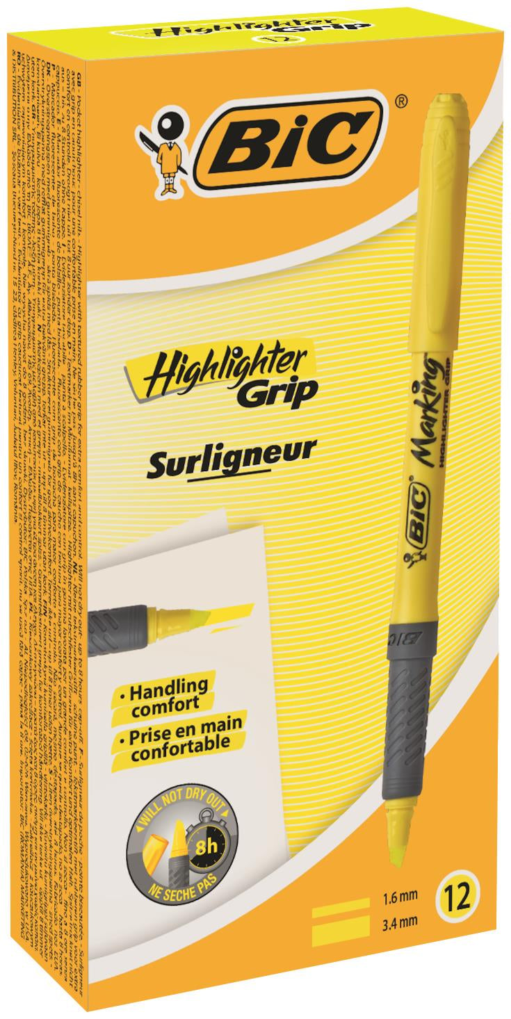 Bic Grip Highlighter Pen Chisel Tip 1.6-3.3mm Line Yellow (Pack 12) - 811935 - ONE CLICK SUPPLIES