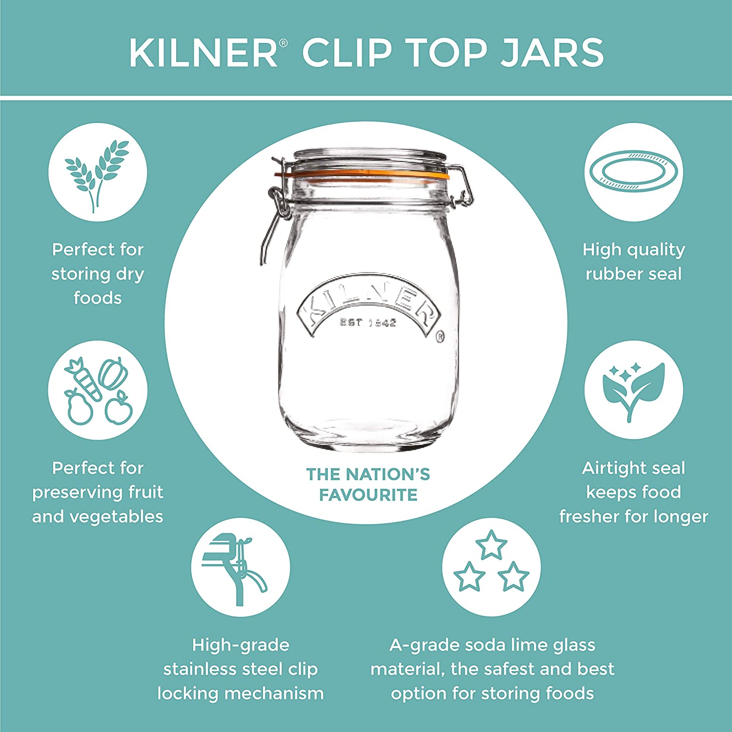 Kilner 1 Litre Square Glass Clip Top Preservation Storage Jar - ONE CLICK SUPPLIES