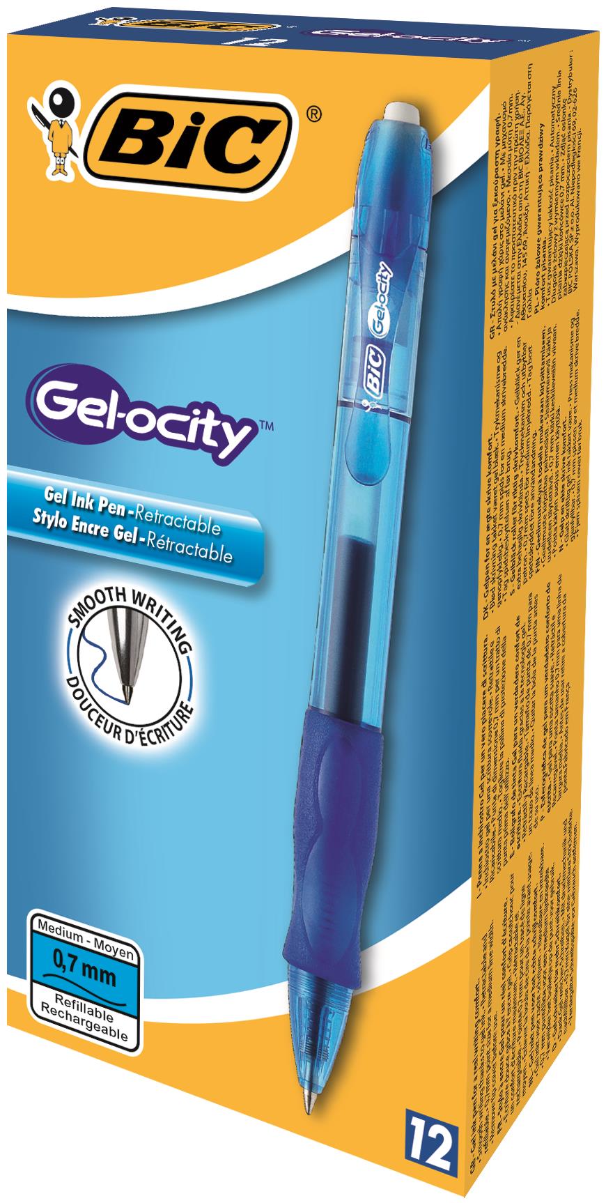 Bic Gel-ocity Grip Retractable Gel Rollerball Pen 0.7mm Tip 0.3mm Line Blue (Pack 12) - 829158 - ONE CLICK SUPPLIES