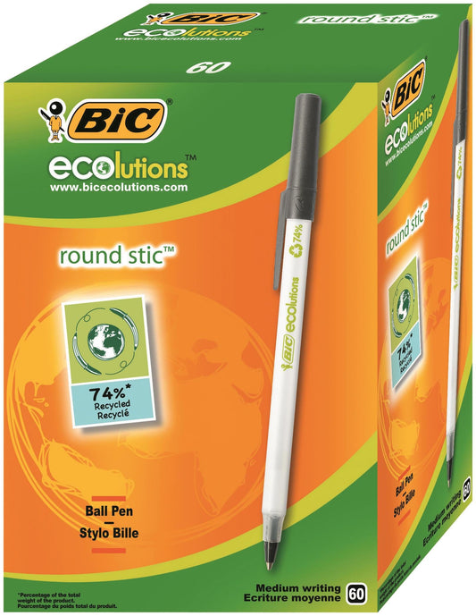 Bic Ecolutions Round Stic Ballpoint Pen Recycled 1mm Tip 0.32mm Line Black (Pack 60) - 8932392 - ONE CLICK SUPPLIES