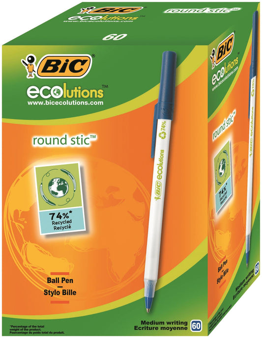 Bic Ecolutions Round Stic Ballpoint Pen Recycled 1mm Tip 0.32mm Line Blue (Pack 60) - 8932402 - ONE CLICK SUPPLIES