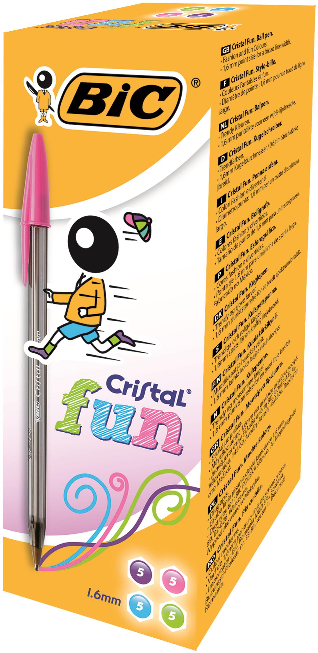 Bic Cristal Fun Ballpoint Pen 1.6mm Tip 0.42mm Line Lime Green/Pink/Purple/Turquoise (Pack 20) - 895793 - ONE CLICK SUPPLIES