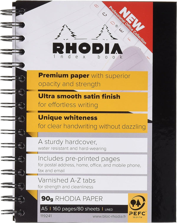 Rhodia A5 Wirebound Hard Cover Business Book A-Z Index Ruled 160 Pages Black (Pack 3) - 119241C