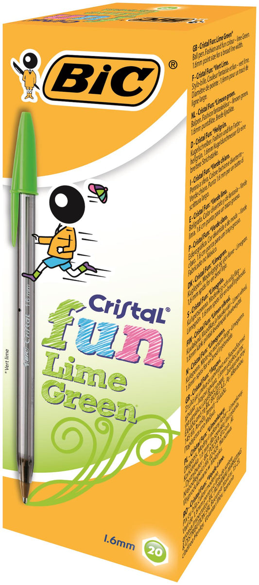 Bic Cristal Fun Ballpoint Pen 1.6mm Tip 0.42mm Line Lime Green (Pack 20) - 927885 - ONE CLICK SUPPLIES