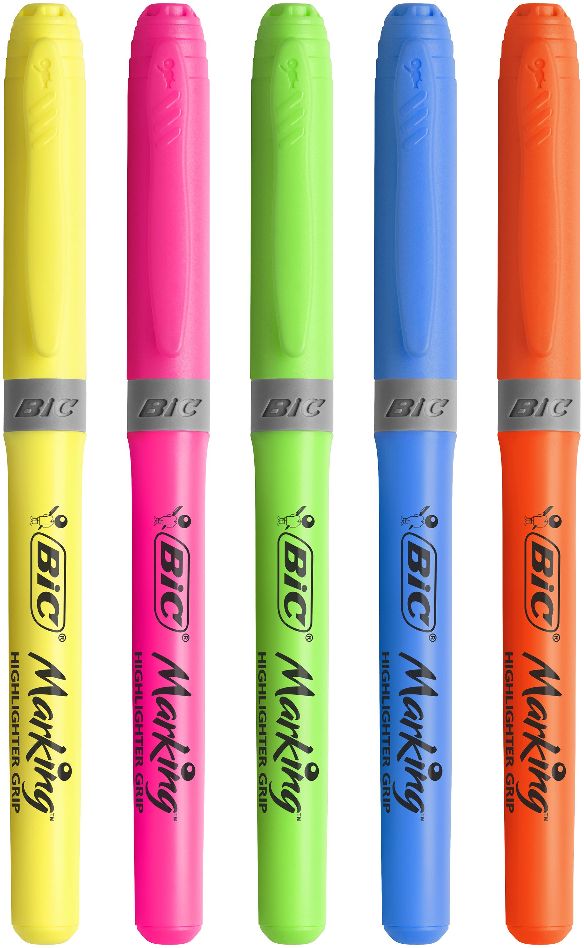 Bic Grip Highlighter Pen Chisel Tip 1.6-3.3mm Line Assorted Colours (Pack 5) - 824758 - ONE CLICK SUPPLIES