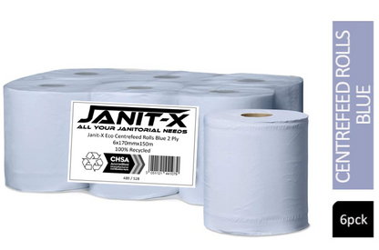 Janit-X Eco 100% Recycled Centrefeed Rolls Blue 6 x 150m CHSA Accredited - ONE CLICK SUPPLIES