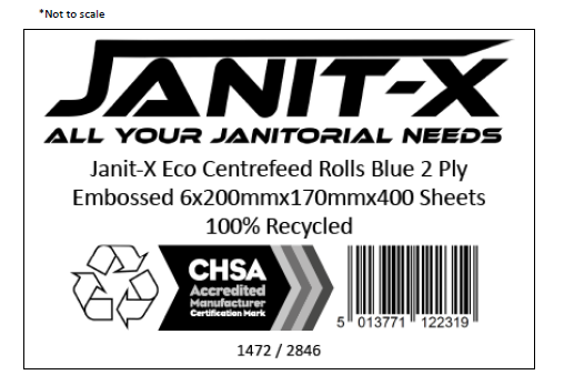 Janit-X Eco 100% Recycled Centrefeed Rolls Blue 6 x 400s CHSA Accredited - ONE CLICK SUPPLIES