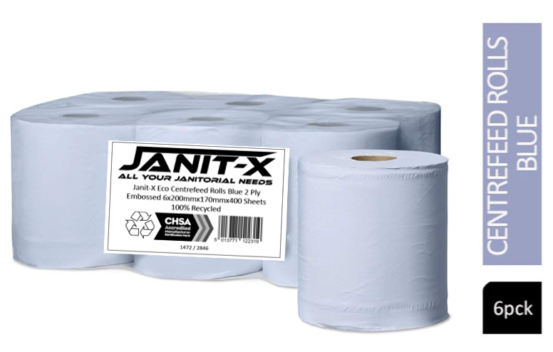 Janit-X Eco 100% Recycled Centrefeed Rolls Blue 6 x 400s CHSA Accredited - ONE CLICK SUPPLIES