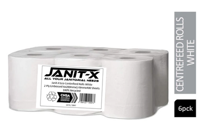 Janit-X Eco 100% Recycled Centrefeed Rolls White 6 x 400s CHSA Accredited - ONE CLICK SUPPLIES