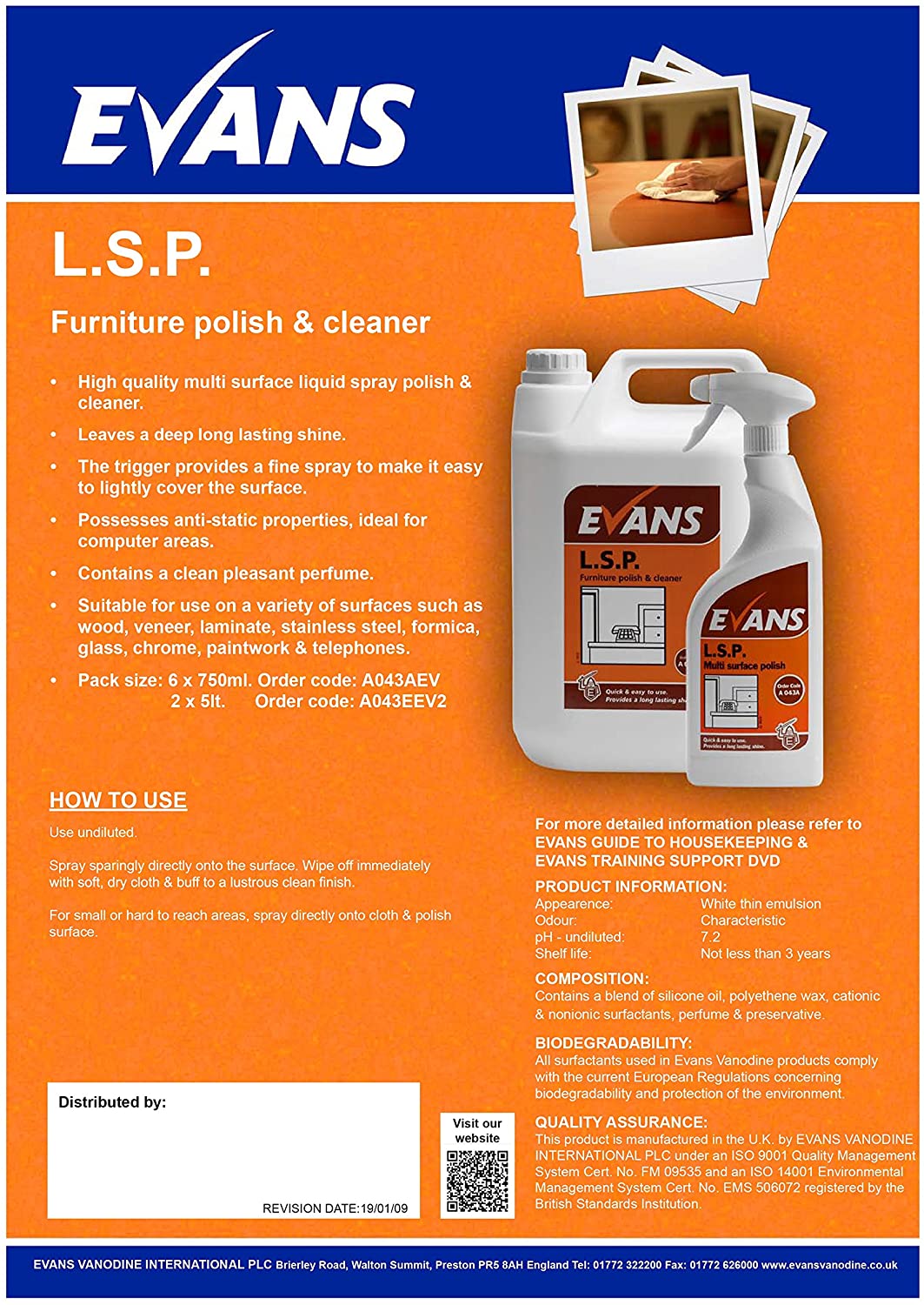 Evans L.S.P. Perfumed Furniture Polish and Window Cleaner Spray Bottle 750ml - ONE CLICK SUPPLIES