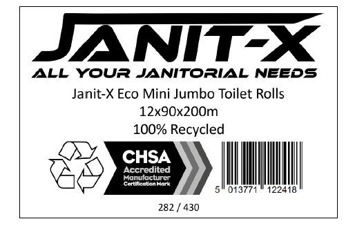 Janit-X Eco Mini Jumbo 100% Recycled 2Ply Toilet Rolls 12 x 200m, CHSA Accredited - ONE CLICK SUPPLIES