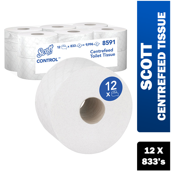 Scott Control Toilet Tissue Centrefeed Roll 2-Ply 833 Sheets,Pack of 12, {8591} - ONE CLICK SUPPLIES