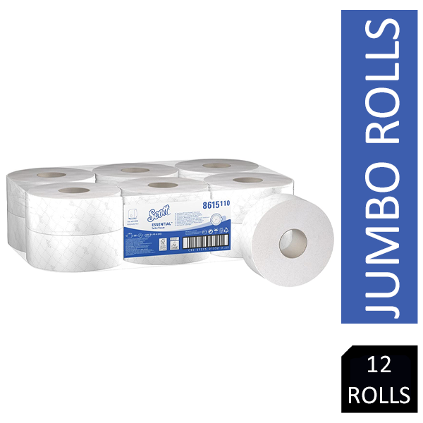 Scott Essential Jumbo Roll Toilet Tissue 8615 - 2 Ply Toilet Paper - 12 Rolls x 500 White Toilet Paper Sheets (2,400m)