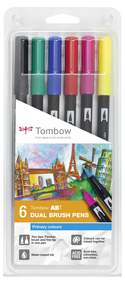 Tombow ABT Dual Brush Pen 2 Tips Primary Assorted Colours (Pack 6) - ABT-6P-1 - ONE CLICK SUPPLIES