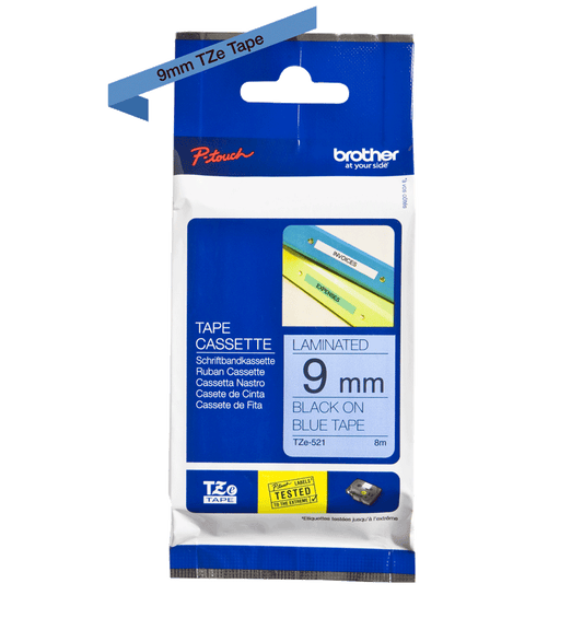 Brother Black On Blue Label Tape 9mm x 8m - TZE521 - ONE CLICK SUPPLIES