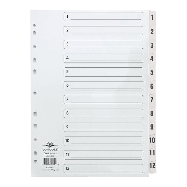 Concord Classic Index 1-12 A4 180gsm Board White with Clear Mylar Tabs 01201/CS12 - ONE CLICK SUPPLIES