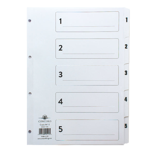 Concord Classic Index 1-5 A4 180gsm Board White with Clear Mylar Tabs 00501/CS5 - ONE CLICK SUPPLIES