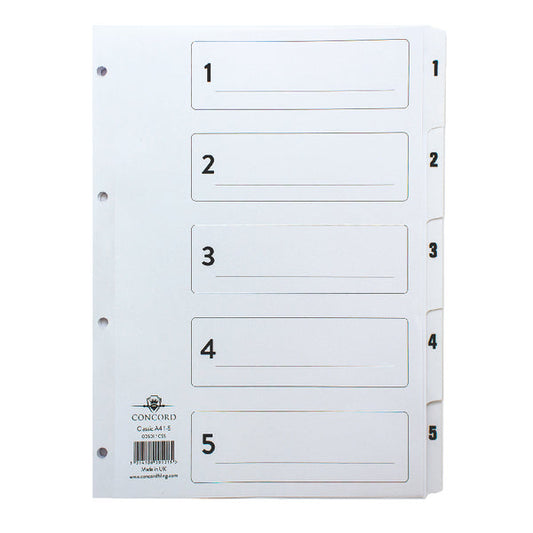 Concord Classic Index 1-5 A4 180gsm Board White with Clear Mylar Tabs 00501/CS5 - ONE CLICK SUPPLIES