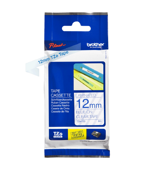 Brother Blue On Clear PTouch Ribbon 12mm x 8m - TZE133 - ONE CLICK SUPPLIES