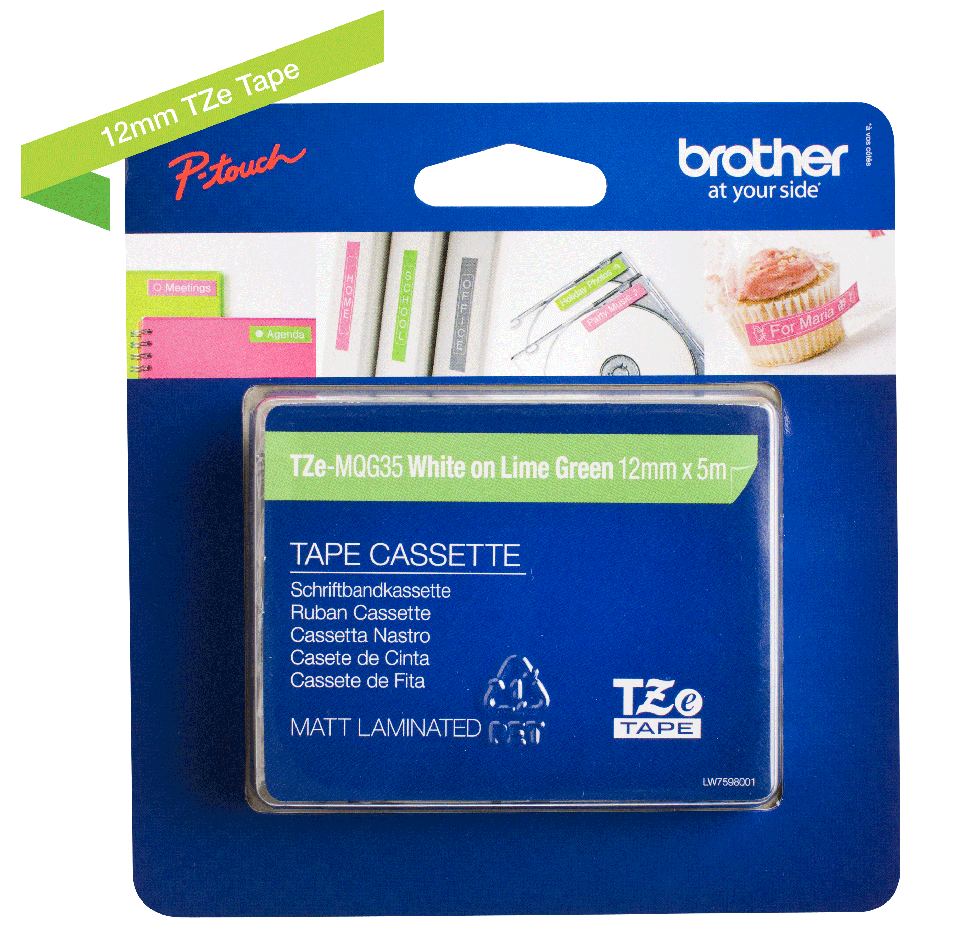 Brother White On Lime Green Label Tape 12mm x 5m - TZEMQG35 - ONE CLICK SUPPLIES