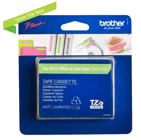 Brother White On Lime Green Label Tape 12mm x 5m - TZEMQG35 - ONE CLICK SUPPLIES