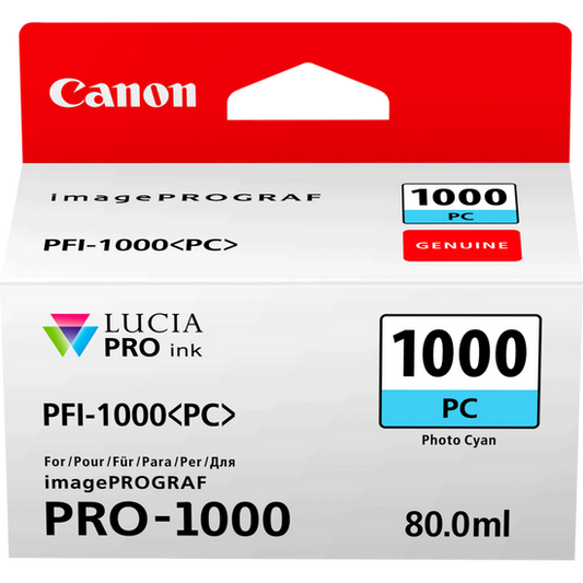 Canon PFI1000PC Photo Cyan Standard Capacity Ink Cartridge 80ml - 0550C001 - ONE CLICK SUPPLIES