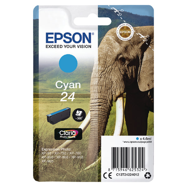 Epson 24 Elephant Cyan Standard Capacity Ink Cartridge 5ml - C13T24224012 - ONE CLICK SUPPLIES