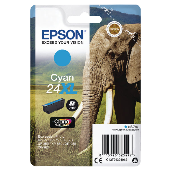 Epson 24XL Elephant Cyan High Yield Ink Cartridge 9ml - C13T24324012 - ONE CLICK SUPPLIES