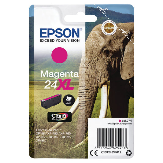 Epson 24XL Elephant Magenta High Yield Ink Cartridge 9ml - C13T24334012 - ONE CLICK SUPPLIES