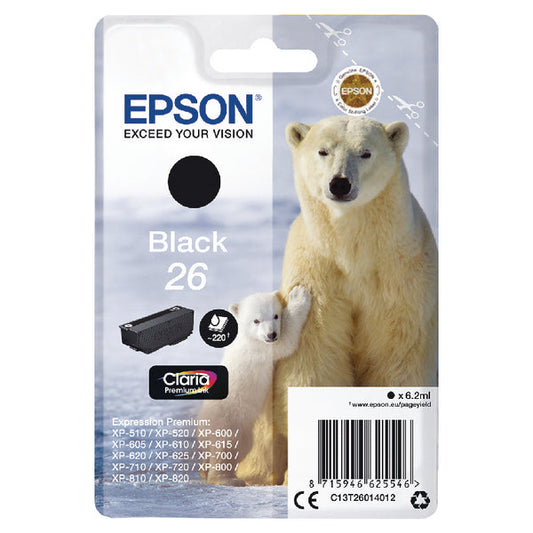 Epson 26 Polar Bear Black Standard Capacity Ink Cartridge 6ml - C13T26014012 - ONE CLICK SUPPLIES