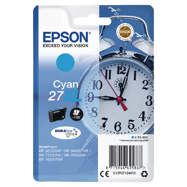 Epson 27XL Alarm Clock Cyan High Yield Ink Cartridge 10ml - C13T27124012 - ONE CLICK SUPPLIES