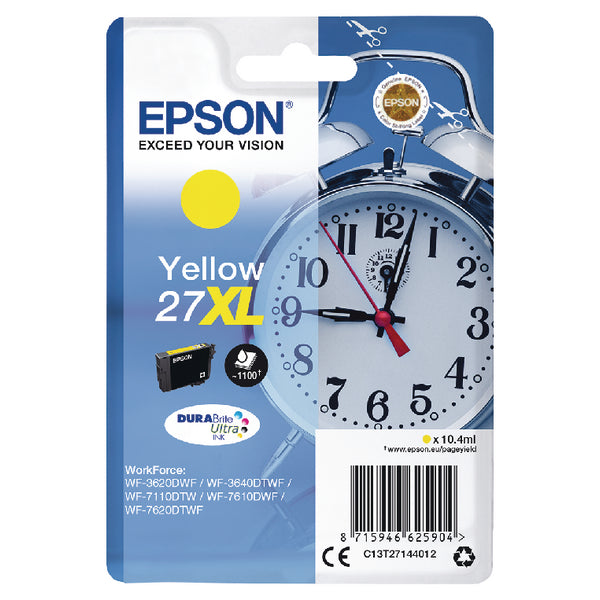 Epson 27XL Alarm Clock Yellow High Yield Ink Cartridge 10ml - C13T27144012 - ONE CLICK SUPPLIES