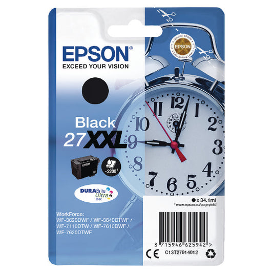 Epson 27XXL Alarm Clock Black Extra High Yield Ink Cartridge 34ml - C13T27914012 - ONE CLICK SUPPLIES