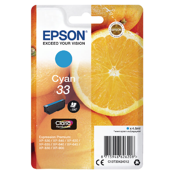 Epson 33 Oranges Cyan Standard Capacity Ink Cartridge 4.5ml - C13T33424012 - ONE CLICK SUPPLIES