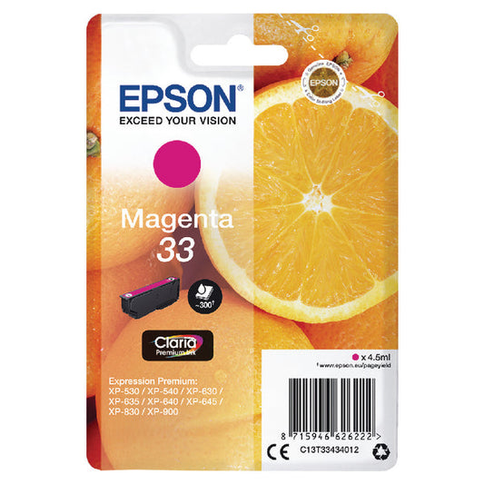 Epson 33 Oranges Magenta Standard Capacity Ink Cartridge 4.5ml - C13T33434012 - ONE CLICK SUPPLIES