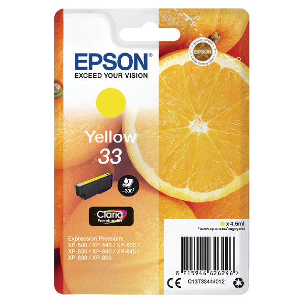 Epson 33 Oranges Yellow Standard Capacity Ink Cartridge 4.5ml - C13T33444012 - ONE CLICK SUPPLIES