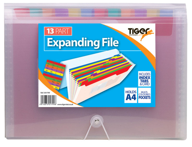 Tiger Rainbow Expanding File Polypropylene A4 13 Part Clear - 301799 - ONE CLICK SUPPLIES