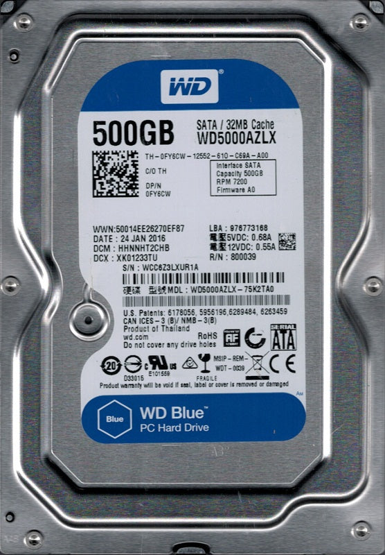 Western Digital Caviar Blue 500GB 3.5 Inch SATA 6Gbs 7200 RPM Internal Hard Drive - ONE CLICK SUPPLIES