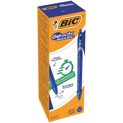 Bic Gel-ocity Quick Dry Gel Retractable Rollerball Pen 0.7mm Tip 0.3mm Line Blue (Pack 12) - 950442 - ONE CLICK SUPPLIES