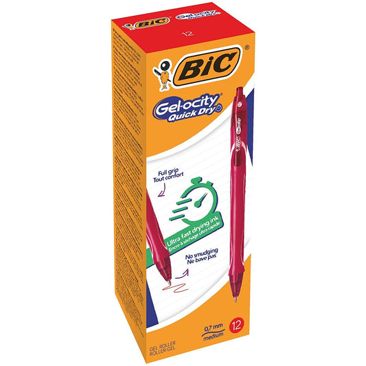 Bic Gel-ocity Quick Dry Gel Retractable Rollerball Pen 0.7mm Tip 0.3mm Line Red (Pack 12) - 949874 - ONE CLICK SUPPLIES