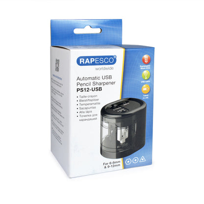 Rapesco PS12-USB Automatic Double Hole Pencil Sharpener USB/Battery Black - 1449 - ONE CLICK SUPPLIES