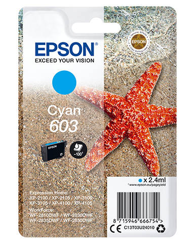 Epson 603 Starfish Cyan Standard Capacity Ink Cartridge 2.4ml - C13T03U24010 - ONE CLICK SUPPLIES