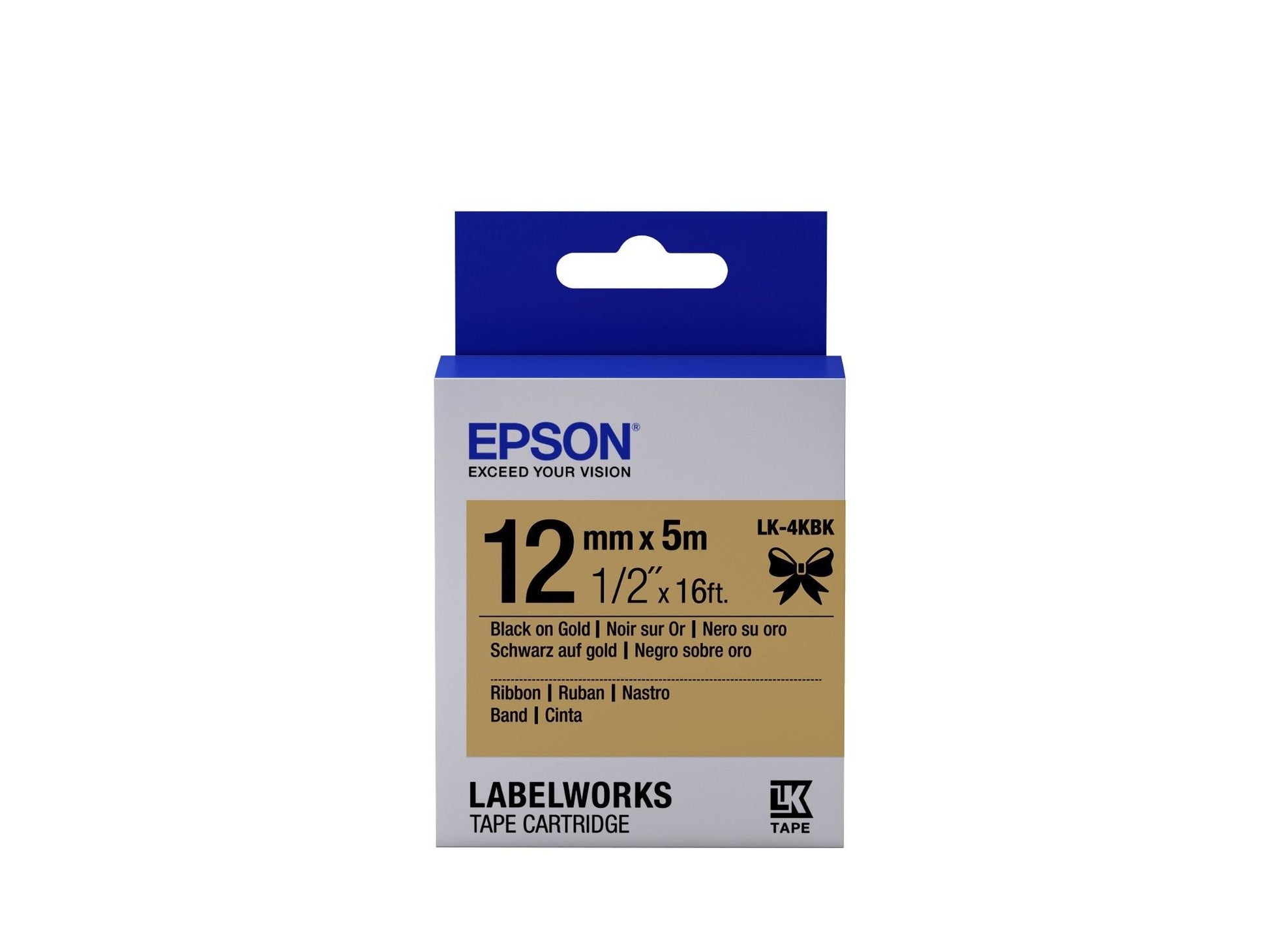 Epson LK-4KBK Black on Gold Satin Ribbon Label Cartridge 12mm x 5m - C53S654001 - ONE CLICK SUPPLIES