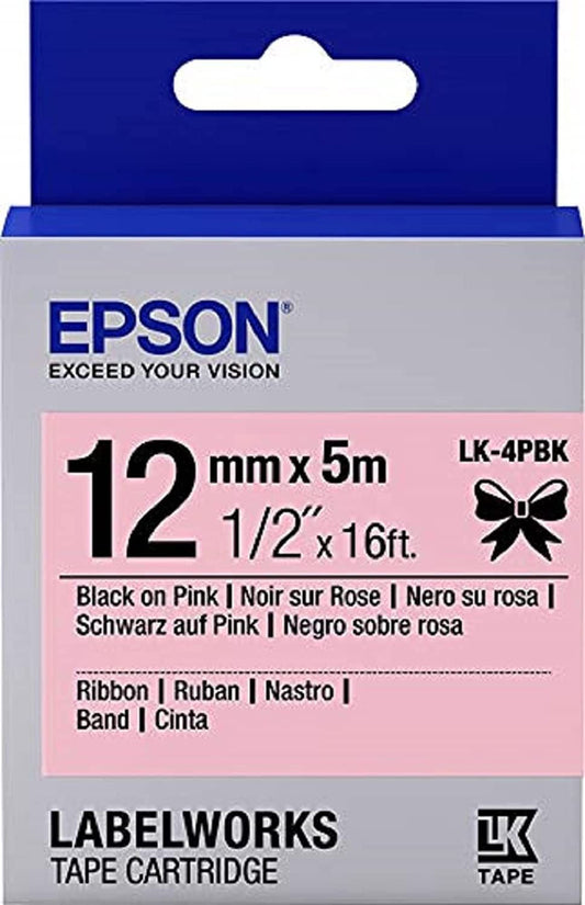 Epson LK-4PBK Black on Pink Satin Ribbon Label Cartridge 12mm x5m - C53S654031 - ONE CLICK SUPPLIES