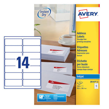 Avery Inkjet Address Label 99.1x38.1mm 14 Per A4 Sheet White (Pack 350 Labels) J8163-25 - ONE CLICK SUPPLIES