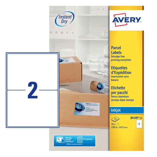 Avery Inkjet Address Label 200x143.5mm 2 Per A4 Sheet White (Pack 50 Labels) J8168-25 - ONE CLICK SUPPLIES