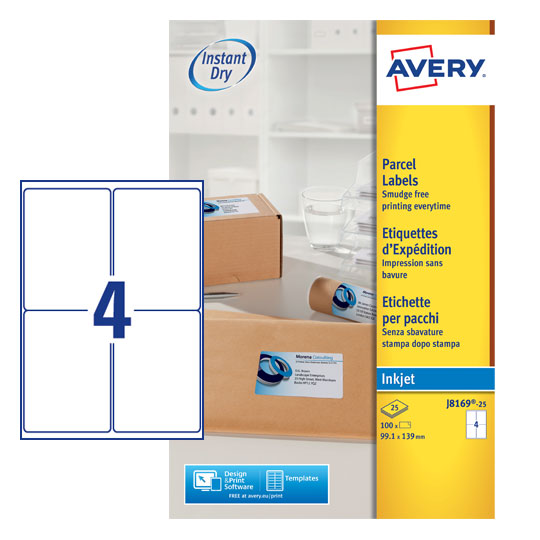 Avery Inkjet Address Label 99.1x139mm 4 Per A4 Sheet White (Pack 100 Labels) J8169-25 - ONE CLICK SUPPLIES