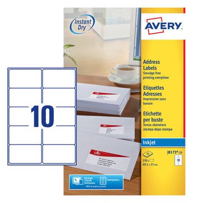 Avery Inkjet Address Label 99x57mm 10 Per A4 Sheet White (Pack 250 Labels) J8173-25 - ONE CLICK SUPPLIES