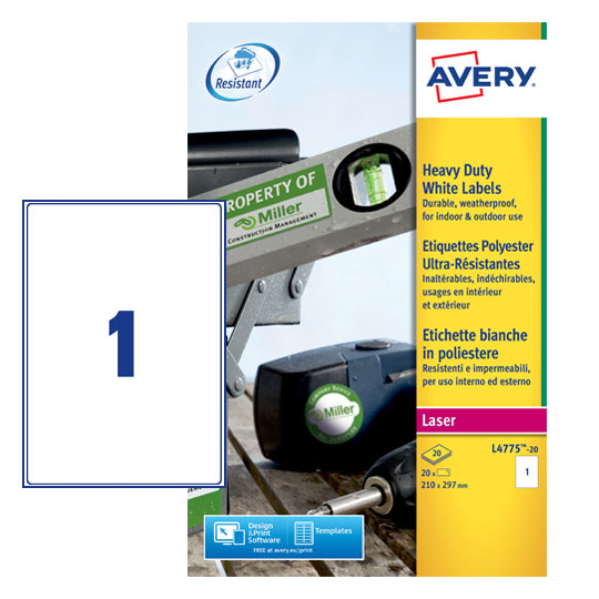 Avery Laser Heavy Duty Label 210x297mm 1 Per A4 Sheet White (Pack 20 Labels) L4775-20 - ONE CLICK SUPPLIES